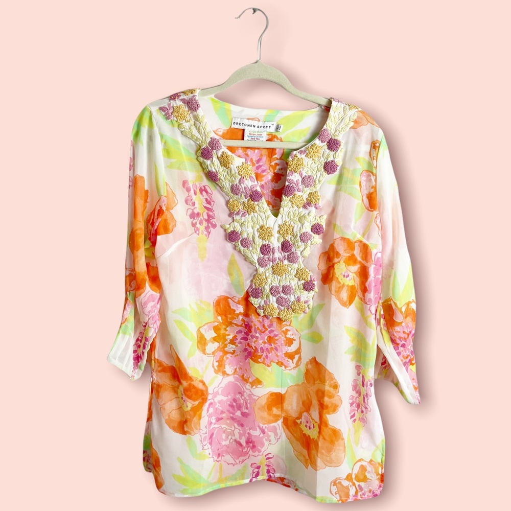 Gretchen Scott Designs Floral Tunic Crochet Embellished Top Size Large